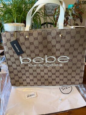 bebe Brown and White Logo Canvas Tote